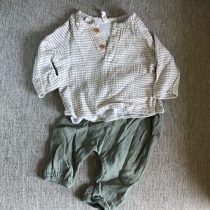 3 piece Quincy Mae 0-3m outfit linen with matching bonnet